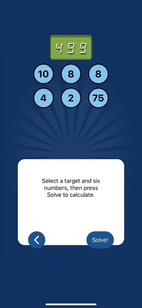 The NumberRace Solver screen with the correct fields populated.