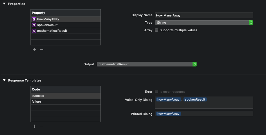 The Properties and Response Templates section of our SolveGame intent.