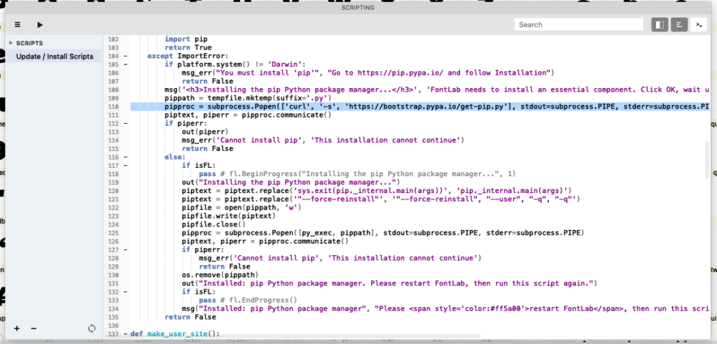 The Update/Install Scripts script in Fontlab's Scripting panel with line 110 highlighted