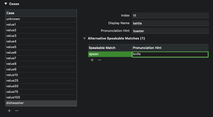 A test enum case with identifier .dishwasher, display name kettle and alternative speakable match spoon