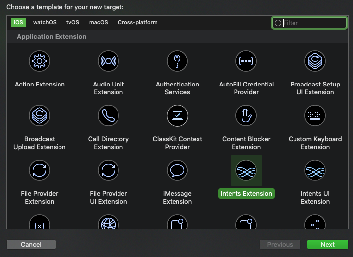 The New target dialog box in Xcode with Intents Extension selected