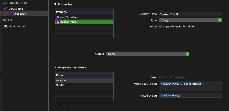 The solve game intent response, showing result parameters and the spoken phrase on success.