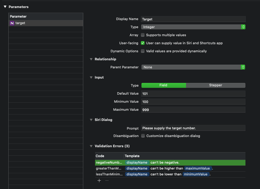 The Parameters section of our custom intent